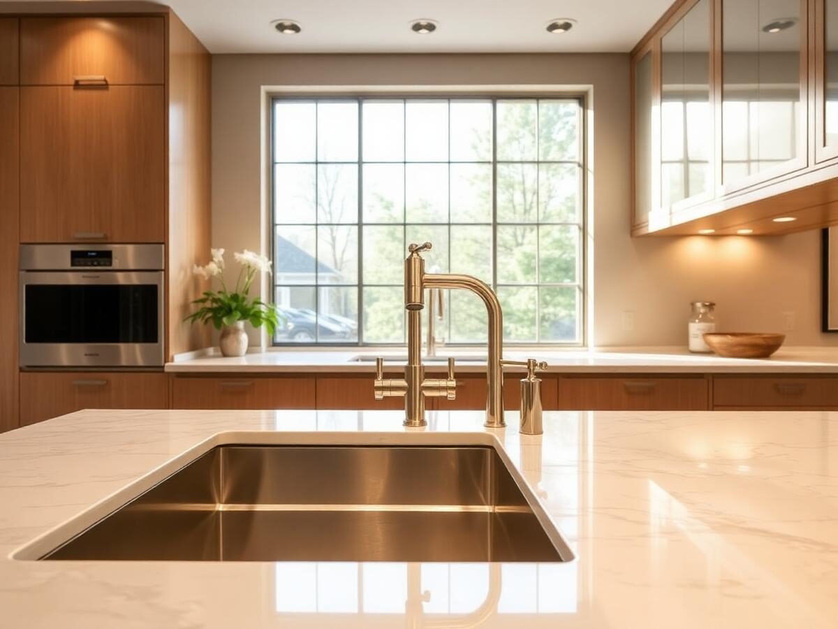 Custom kitchen plumbing with polished brass faucet and undermount sink